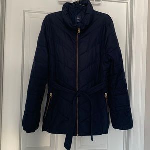 Navy puffer coat with belt